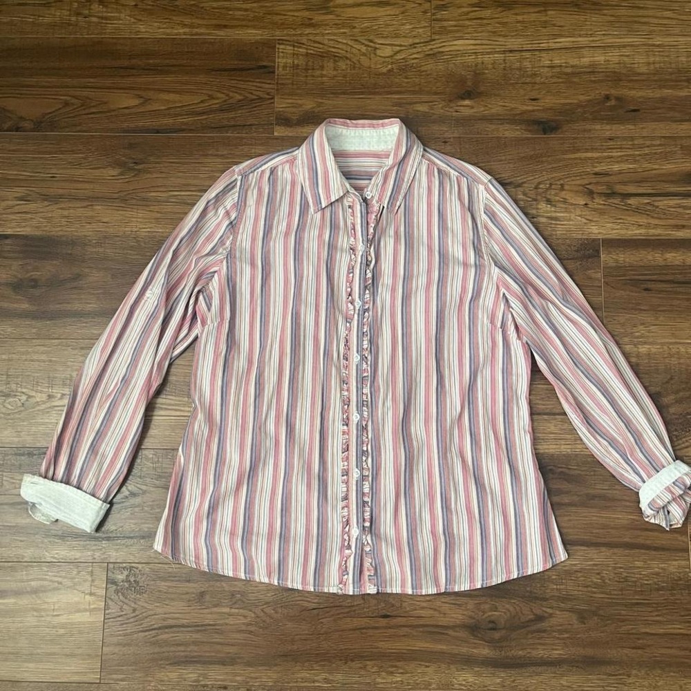 Pink Purple Vintage‎ Striped Button Up Collared Shirt Ruffle Front Women Medium
